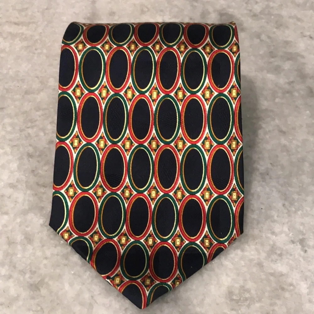 CSABA Silk‎ Tie Mens Navy Blue Multicolor Geometric Art Deco Designer Necktie
